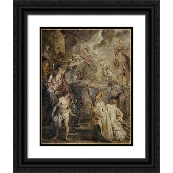 Peter Paul Rubens 12x14 Black Ornate Wood Framed Double Matted Museum Art Print Titled: The Mystic Marriage of St Catherine (Colour Sketch for the Altar of the Church of the Augustinian