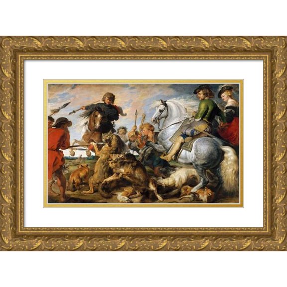 Peter Paul Rubens 24x17 Gold Ornate Framed and Double Matted Museum Art Print Titled - Wolf and Fox Hunt (ca. 1616)