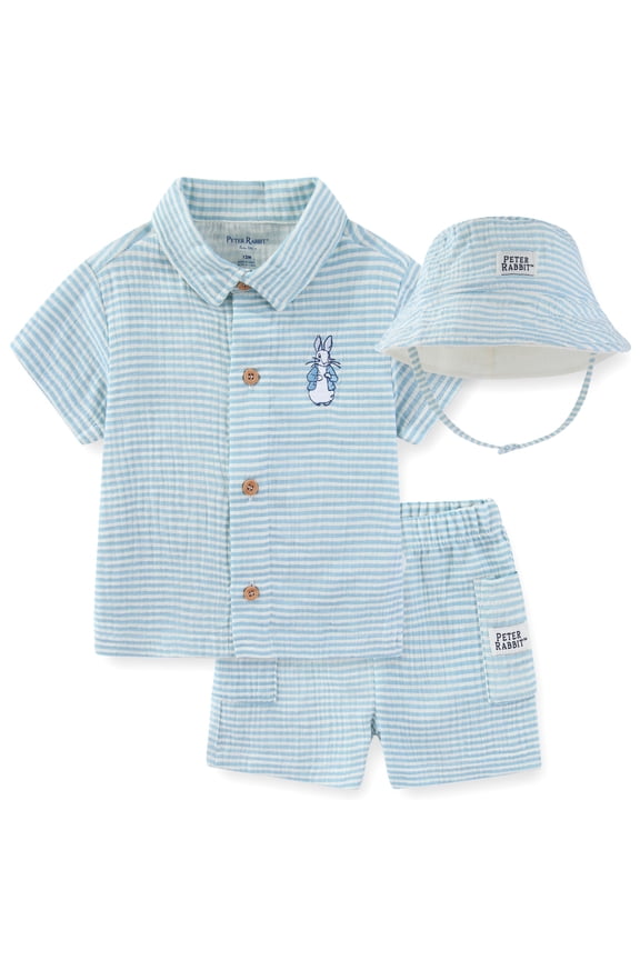 Beatrix Potter Gauze Button Down Shirt and Short with Bucket Hat (Baby Boys), 3 Piece Set, Sizes 12M-24M