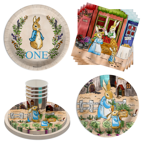 Peter Rabbit Boy's 1st Birthday Party Supplies - 64 Piece First Birthday Tableware Set Includes Large 9" Dinner Plates and 8" Dessert Paper Plates Napkins Cups - Kit for 16