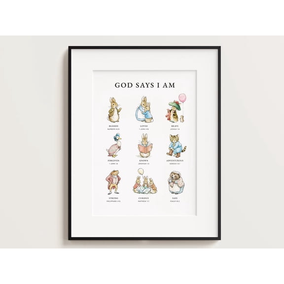 Peter Rabbit Classic Beatrix Potter God Says I Am Biblical Affirmations Christian Nursery Decor Scripture Bible Verses, Unframed Canvas 24x36in