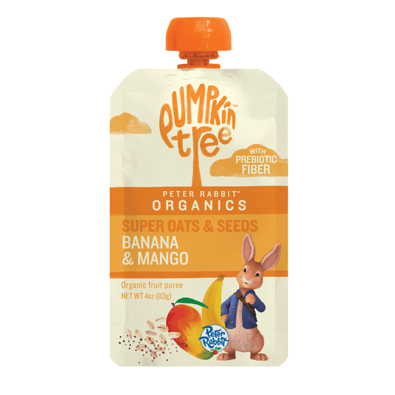 Pumpkin Tree Organics Peter Rabbit Prebiotic Fiber, Oats and Seeds Banana & Mango Fruit Snack, 4 Ounce Squeeze Pouch