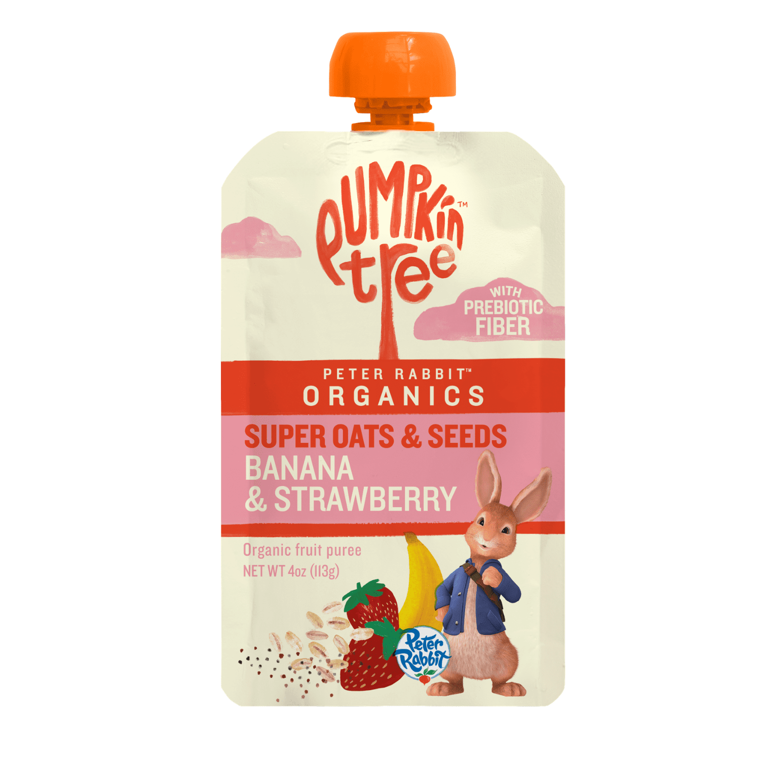 Pumpkin Tree Organics Peter Rabbit Prebiotic Fiber, Oats and Seeds Banana Strawberry Fruit Snack, 4 Ounce Squeeze Pouch