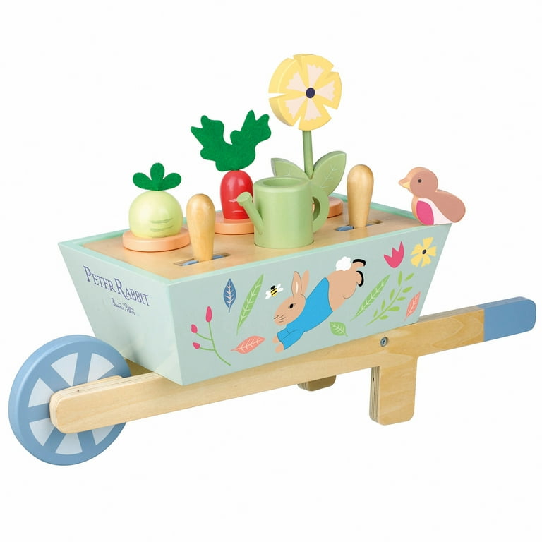 Peter Rabbit Wheelbarrow Wooden Wheeled Garden Pretend Play Toy Colorful Vegetable Gardening Accessories Store Inside Licensed Kids Ages 3