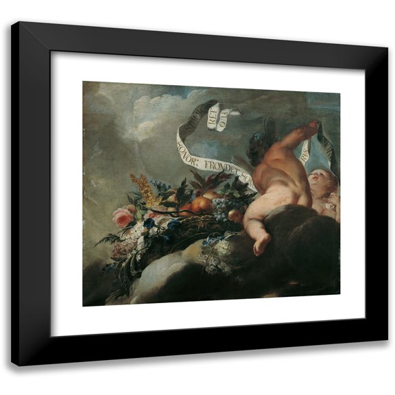 Peter Strudel 22x20 Black Modern Framed Museum Art Print Titled - Two Puti with Flowers, Fruits and Saying Band (1698-1699)