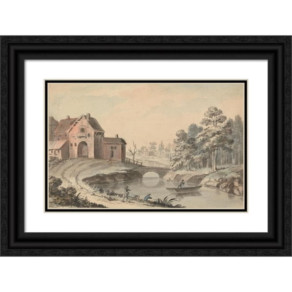 Peter Tillemans 14x11 Black Ornate Wood Framed Double Matted Museum Art Print Titled: Figures in a Landscape by a River