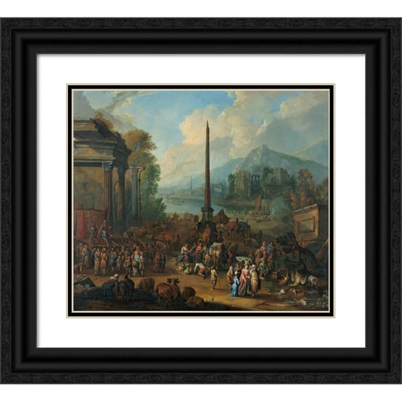 Peter Tillemans 23x20 Black Ornate Framed Double Matted Museum Art Print Titled: A Harbour Scene with Numerous Figures Attending Market (1709)