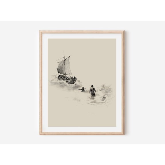 Peter and Jesus Walk on Water Christian Poster Bible Artwork Boho Minimal Style, Unframed Paper Poster 24x36in