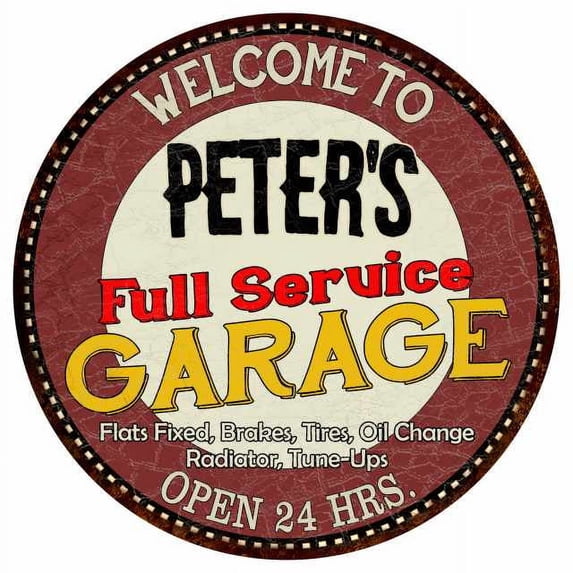 Peter's Full Service Garage 12" Round Metal Sign Man Cave Décor 200120037215