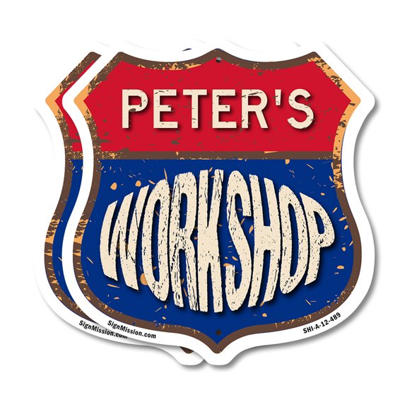 Peter's Workshop (2 Pack) 12 inch X 12 inch Shield-Shaped Rust-Free Aluminum Metal Signs Weather Resistant, UV Protected To last, Gift for Dads and Uncles Classic Americana Crafted in