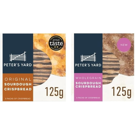 Peter's Yard Sourdough British Crispbread, One Pack Each of Original and Wholegrain Varieties, 125g.