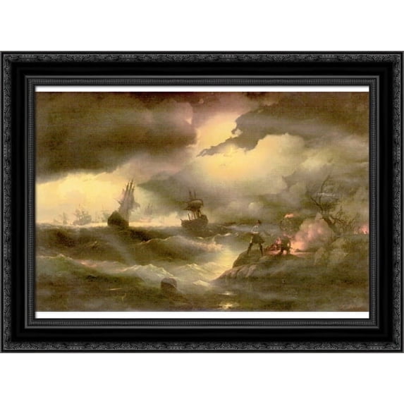 Peter the First to light out a watch fire 24x19 Black Ornate Wood Framed Canvas Art by Aivazovsky, Ivan