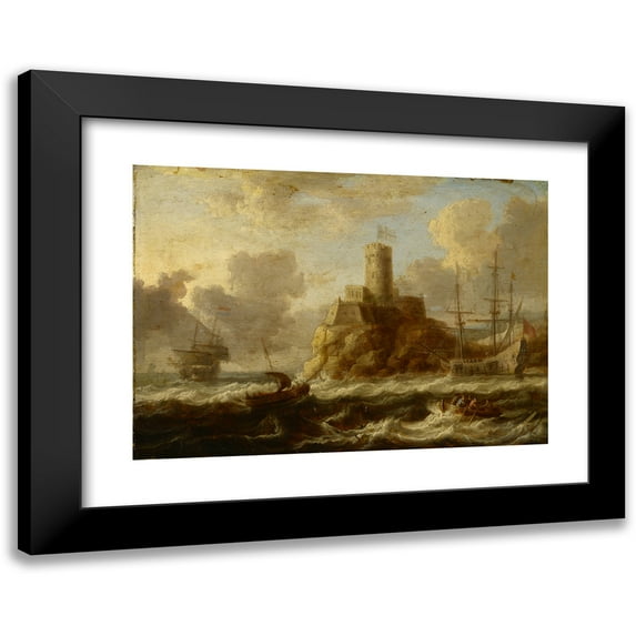 Peter van de Velde 18x14 Black Modern Framed Museum Art Print Titled - Coastal Fortress with Stormy Sea