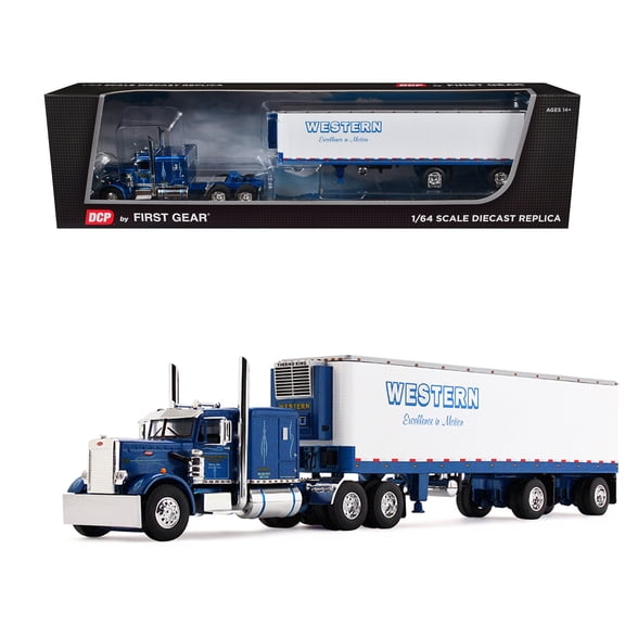 Peterbilt 351 with 63" Flat Top Sleeper and 40' Vintage Trailer Reefer "Western Distributing" Blue Metallic White 1/64 Diecast Model by DCP/First Gear