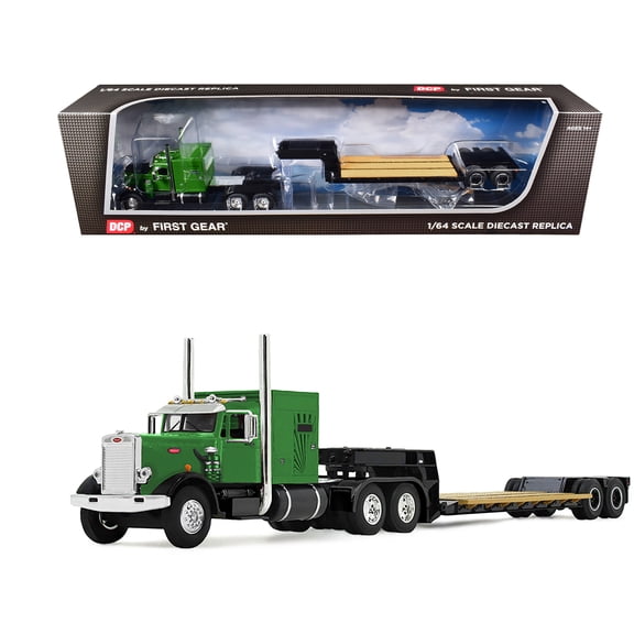 Peterbilt 351 with 60" Vintage Sleeper and Rogers Lowboy Trailer Green Black 1/64 Diecast Model by DCP/First Gear