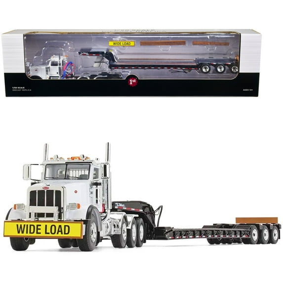 Peterbilt 367 Day Cab White and Talbert 55SA Tri-Axle Lowboy Trailer Black 1/50 Diecast Model by First Gear