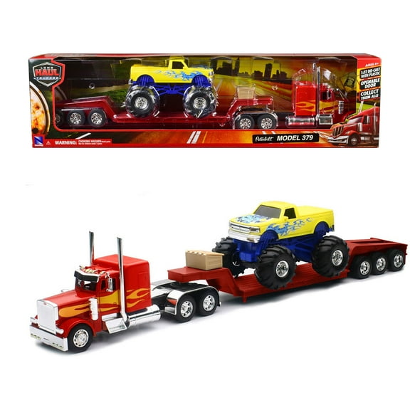 Peterbilt 379 Truck with Lowboy Trailer Red with Orange Flames and Monster Truck Yellow with Blue Flames "Long Haul Truckers" Series 1/32 Diecast Model by New Ray