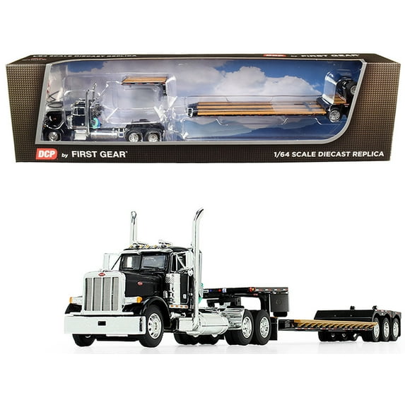 Peterbilt 379 Day Cab Tractor Truck with Fontaine Renegade Extendable Lowboy Trailer with Flip Axle Black 1/64 Diecast Model by DCP/First Gear