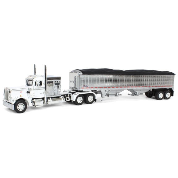 Peterbilt 379 with 60" Vintage Sleeper and MAC Coal End Dump Trailer Cyan Blue and Chrome 1/64 Diecast Model by DCP/First Gear
