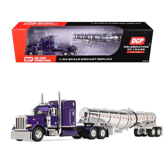 Peterbilt 379 with 63" Mid-Roof Sleeper and Polar Deep Drop Trailer Wild Orchid Purple Black Stripes 1/64 Diecast Model by DCP/First Gear