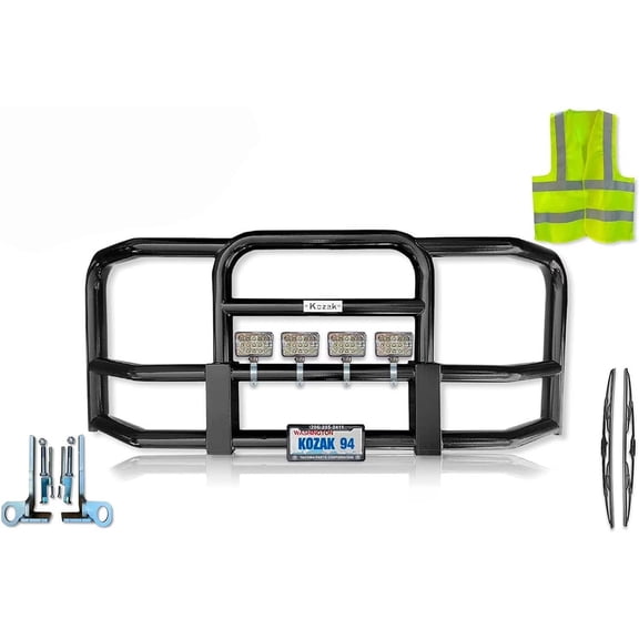 KOZAK Black Full Front Bumper Grille Deer Brush Moose Guard - Square - 4x 6" LED Lights Compatible with Peterbilt 386