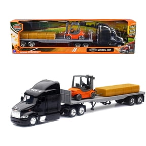 NewRay Peterbilt 387 Flatbed w/Forklift & Hay Bale Diecast Replica, 1:43, Black