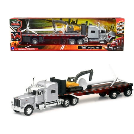 Peterbilt 389 Truck with Flatbed Trailer Silver Metallic with Excavator and Wind Turbine 1/32 Diecast Model by New Ray