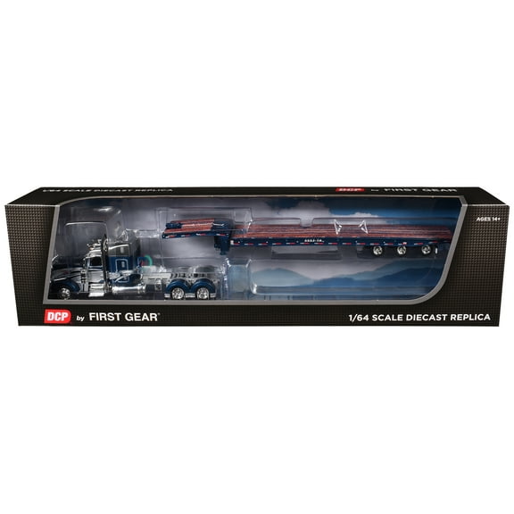 Peterbilt 389 with 48" Mid-Roof Sleeper and Talbert 5553T Traveling Axle Trailer Rich Blue and Silver 1/64 Diecast Model by DCP/First Gear
