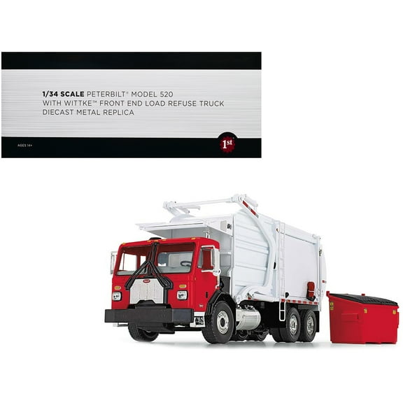 Peterbilt 520 Refuse Garbage Truck with Wittke Front Loader and Trash Bin Red and White 1/34 Diecast Model by First Gear