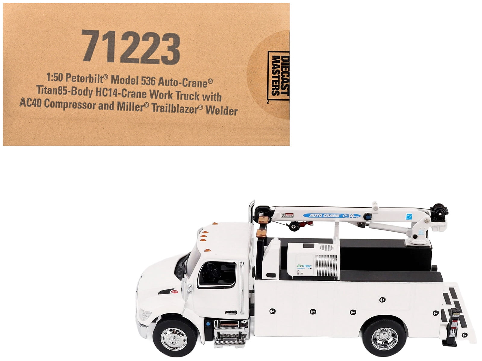 Peterbilt 536 Auto-Crane Titan 85-Body HC14-Crane Work Truck with Miller EnPak White 1/50 Diecast Model by Diecast Masters