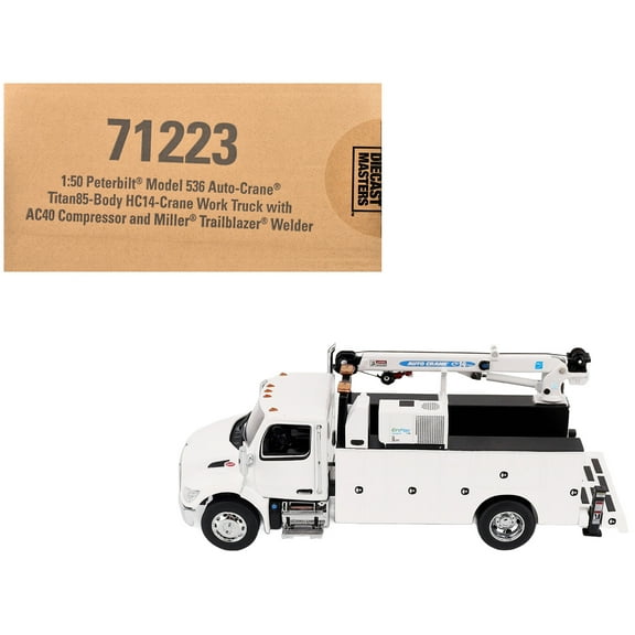 Peterbilt 536 Auto-Crane Titan 85-Body HC14-Crane Work Truck with Miller EnPak White 1/50 Diecast Model by Diecast Masters