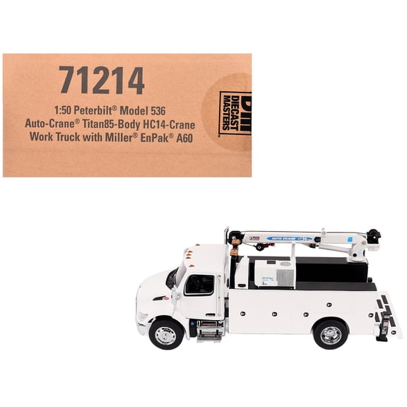 Peterbilt 536 Auto-Crane Titan85-Body HC14-Crane Work Truck with Miller EnPak White "Transport Series" 1/50 Diecast Model by Masters