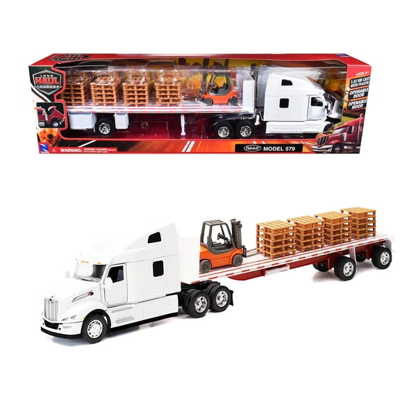 Peterbilt 579 Truck White with Flatbed White and Load of Forklift and Pallets "Long Haul Truckers" 1/32 Diecast Model by New Ray