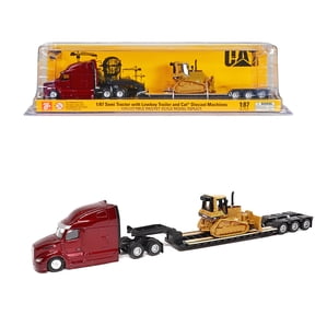 Peterbilt 579 UltraLoft Tandem Tractor Red Metallic with Lowboy Trailer and CAT D5M Dozer Yellow 1/87 (HO) Diecast Model by Diecast Masters