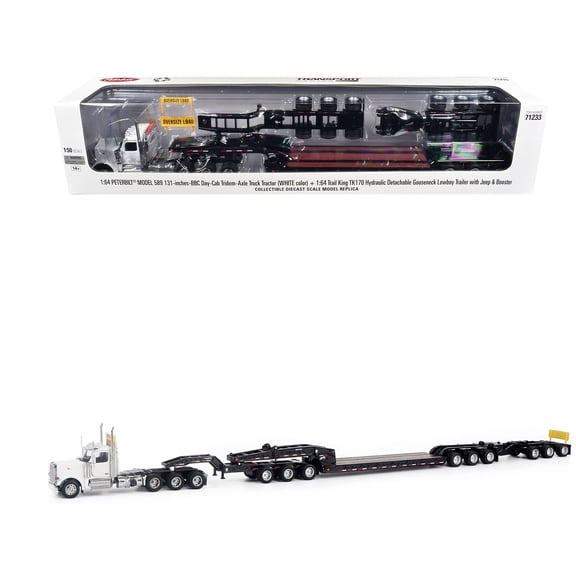 Peterbilt 589 Tridem-Axle Truck Tractor with Day Cab and Trail King TK170 Hydraulic Detachable Gooseneck Lowboy Trailer Jeep Booster White "Transport 1/64 Diecast Model by Masters