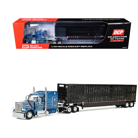 Peterbilt 589 with 72" Mid-Roof Sleeper and Wilson Silverstar Livestock Trailer Bright Blue Black Stripes 1/64 Diecast Model by DCP/First Gear