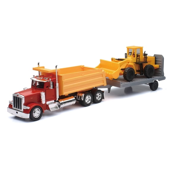 NewRay 379 Dump Truck and Wheel Loader with Flatbed Trailer, 1/32, Red, Yellow
