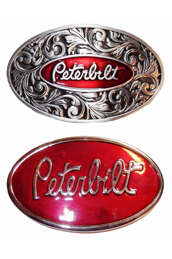 Peterbilt Silver and Red Oval Metal Belt Buckles Set of 2
