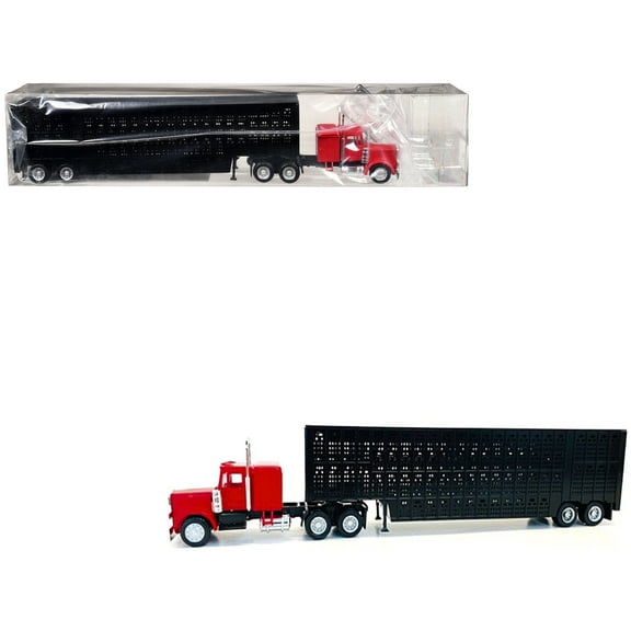 Peterbilt with Sleeper Cab Red with Black Livestock Trailer 1/87 (HO) Plastic Model Car by Promotex
