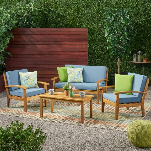 Petersburgh 4 Piece Outdoor Wooden Chat Set w/ Cushions,Blue