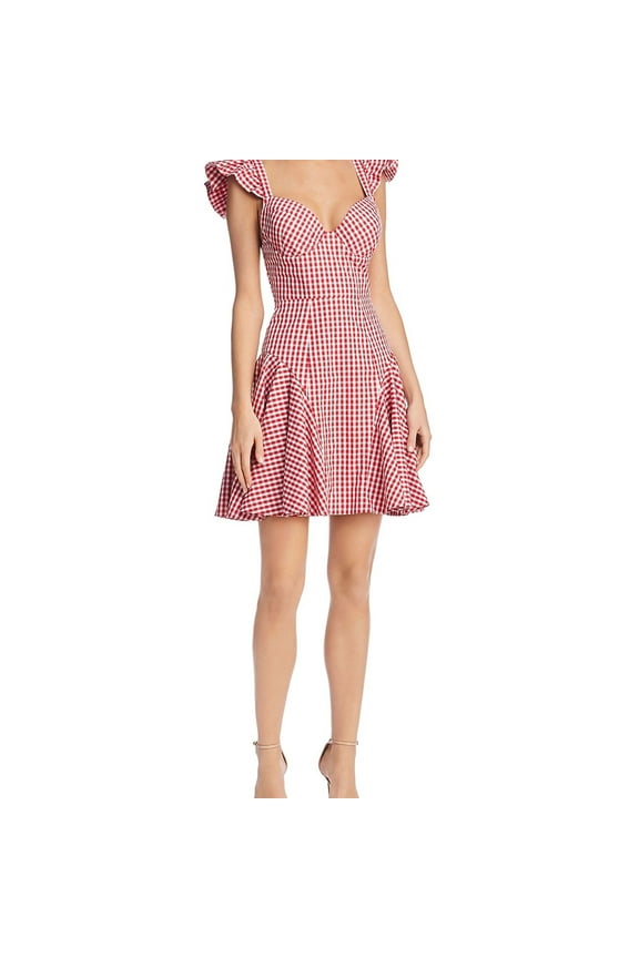 Womens Gingham Ruffled Dress, Red, X-Small
