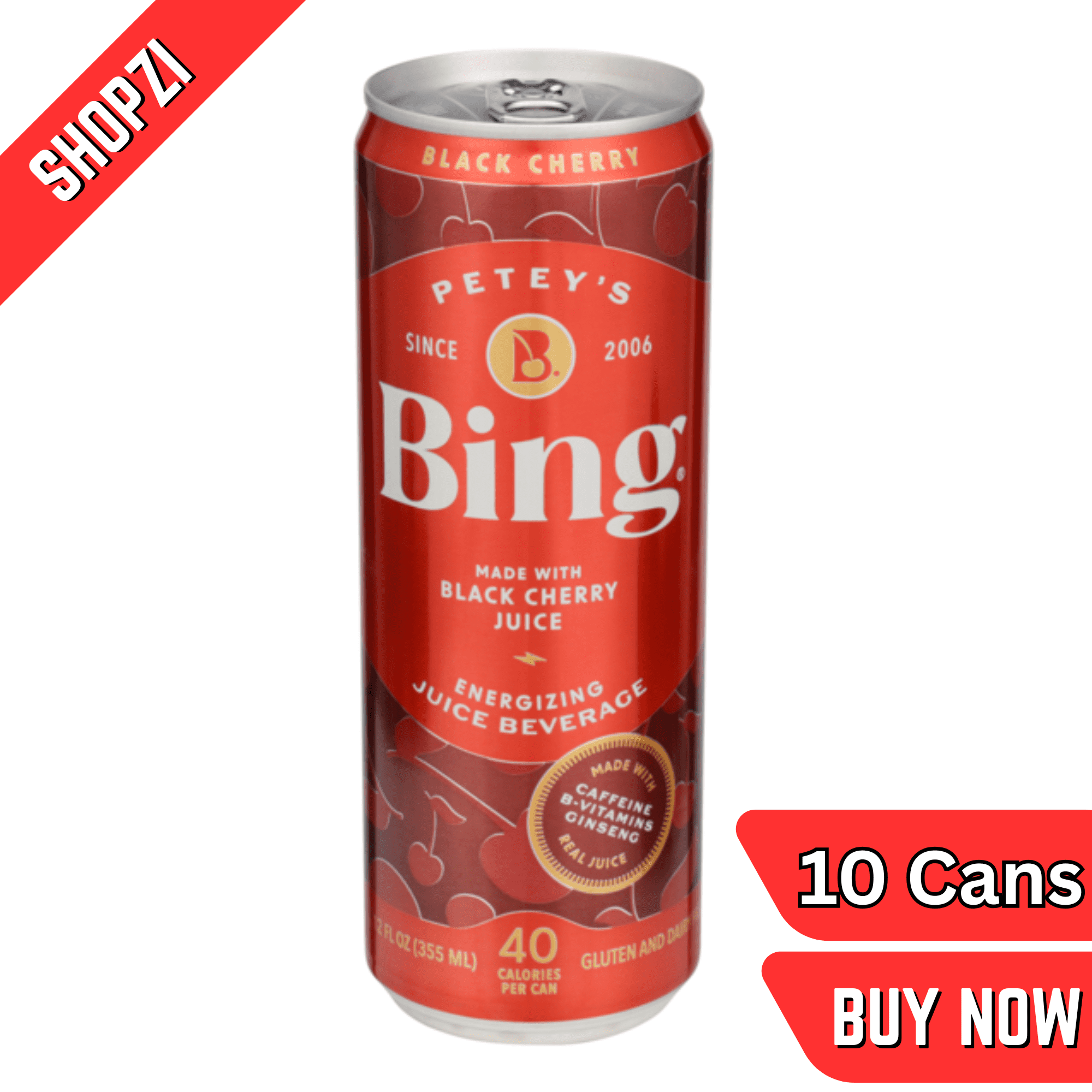 Petey's BING Energizing Juice Cherry – 12 fl oz Cans, 10 Pack, Cherry Flavor, Energizing Juice Beverage, Ready-to-Drink, Functional Energy Drink Alternative