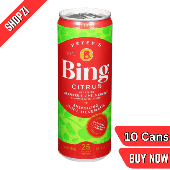 Petey's BING Energizing Juice Citrus  12 fl oz Cans, 10 Pack, Citrus Flavor, Ready-to-Drink Energizing Juice Beverage, Functional Energy Drink Alternative
