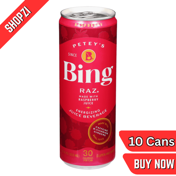 Petey's BING Energizing Juice Raz  12 fl oz Cans, 10 Pack, Raz Flavor, Energizing Juice Beverage, Ready-to-Drink Functional Energy Drink