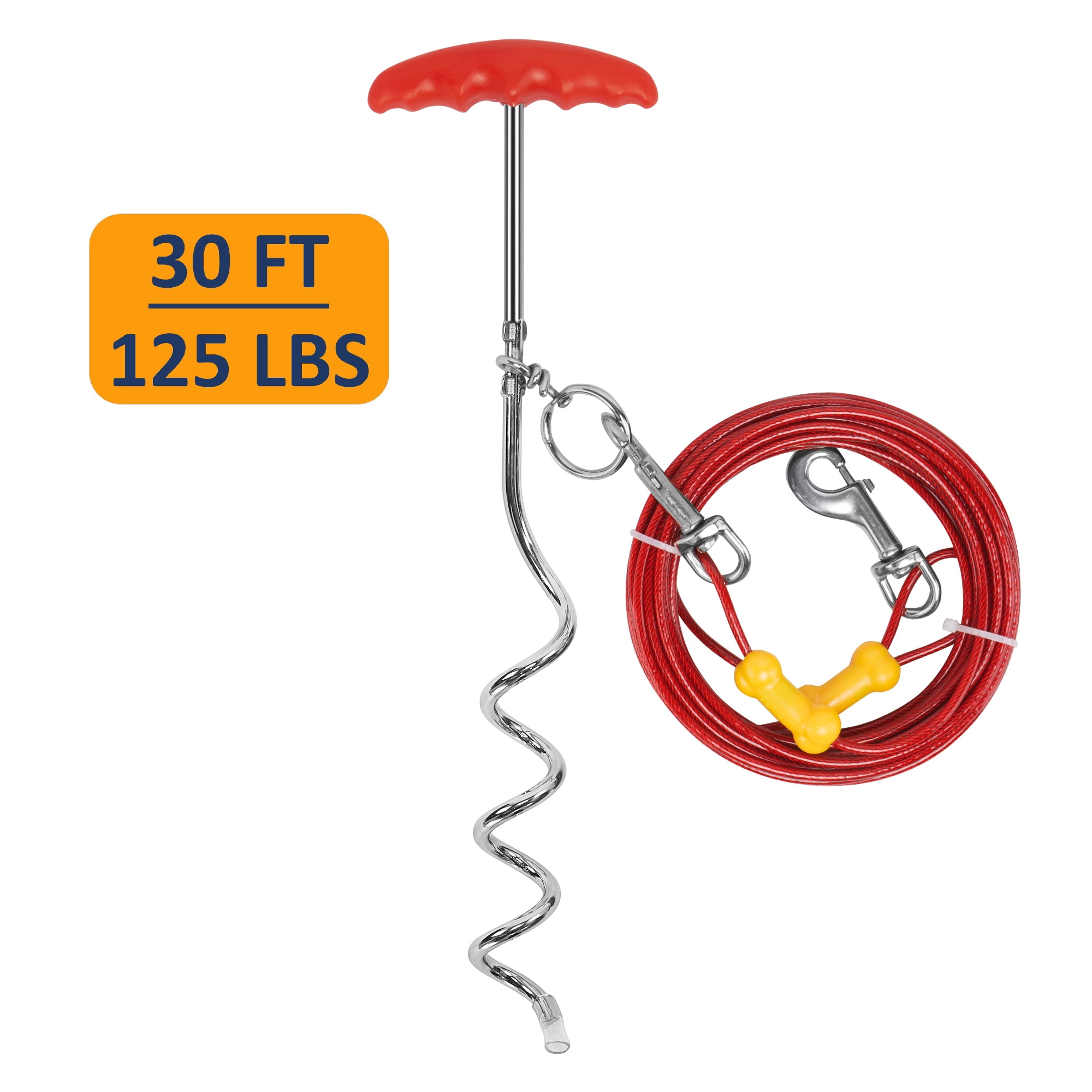 Petfamily Dog Stake and Tie Out Cable, Medium to Large Dog, Red 30FT