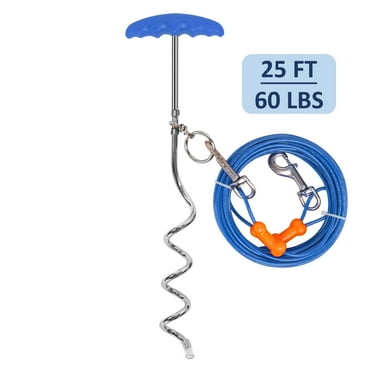 Petfamily Dog Stake and Tie Out Cable, Small to Medium Dog, Blue, 25FT / 60LBS