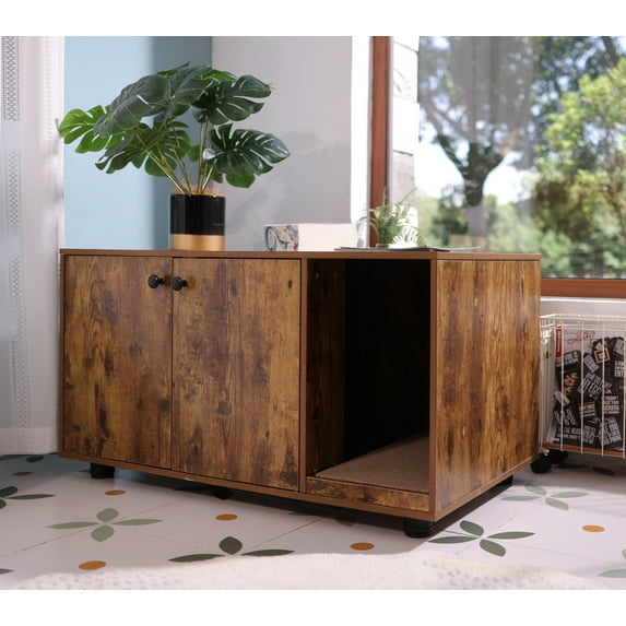 Petfamily Large Cat Litter Box Enclosure, Litter Box Furniture, Brown, 35.8x20.47x19.88"