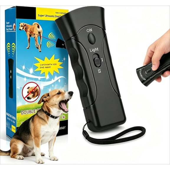 Petgentle Ultrasonic Pet TrainerFeatures 2 Adjustable Intensity Levels and a Flashlight Function. Helps Curb Excessive Barking. Suitable for all Types of Dogs; Can be Used Indoors and Outdoors.
