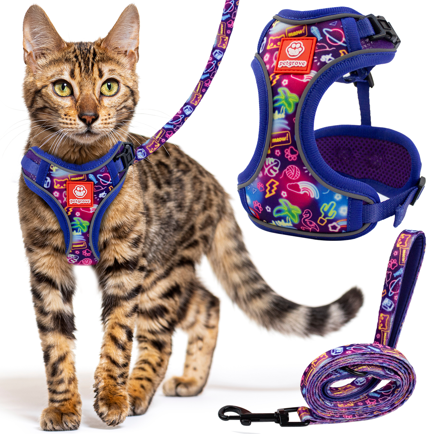 Petgrove Cat Harness and Leash Set Combo Escape Proof for Walking, Neon Nights, XX-Small