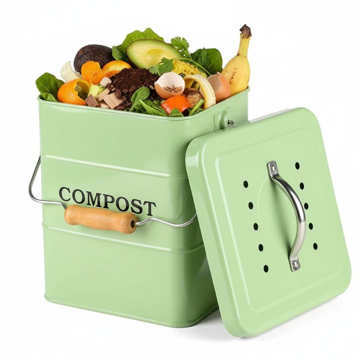 Pethiy 1 Gallon Compost Bucket for Kitchen, Countertop Indoor Compost Pail with Charcoal Filter for Odor-Free Food Scraps, Carbon Steel with Handles, Green